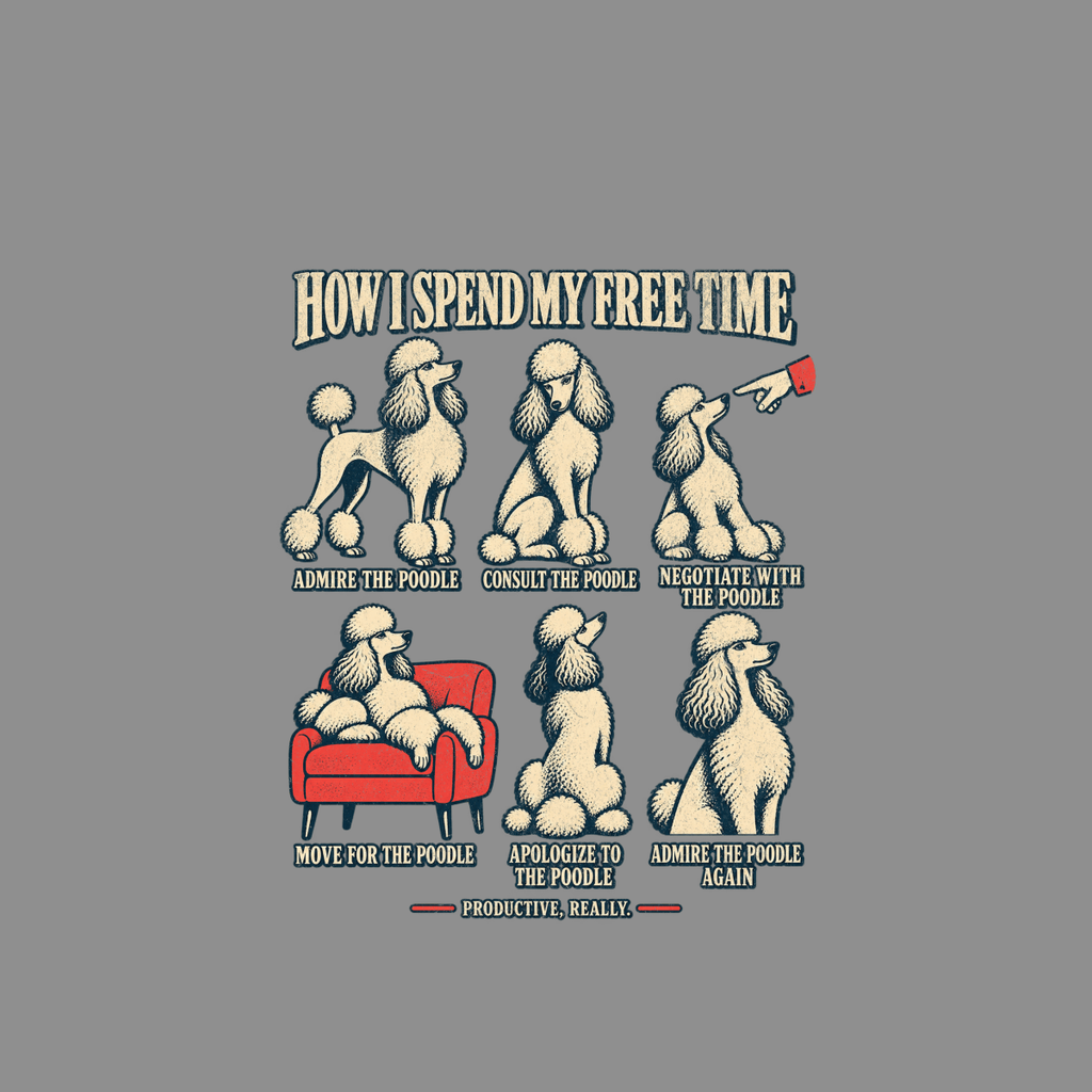 Six poodles depict activities: admire, consult, negotiate, move, apologize, and admire again.