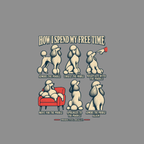 Six poodles depict activities: admire, consult, negotiate, move, apologize, and admire again.