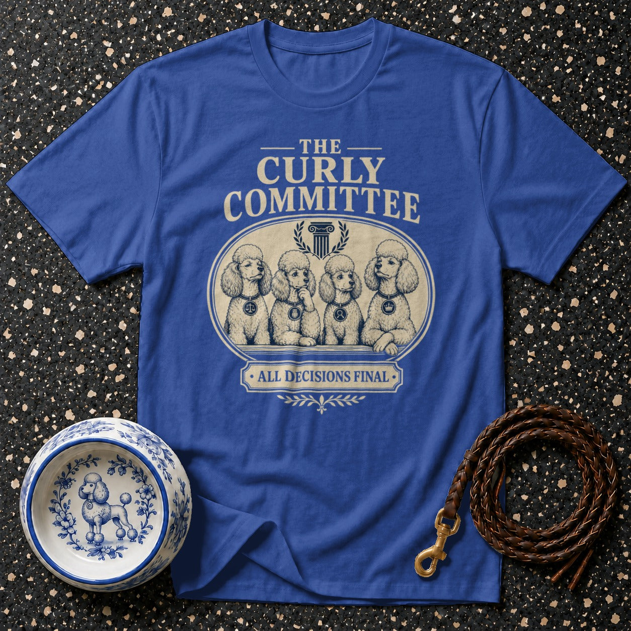 Royal blue t-shirt with "The Curly Committee" and four poodles.
