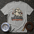 Grey t-shirt with a poodle graphic and the text "FULL-TIME SASS MACHINE. LOUD OPINIONS. PERFECT CURLS."