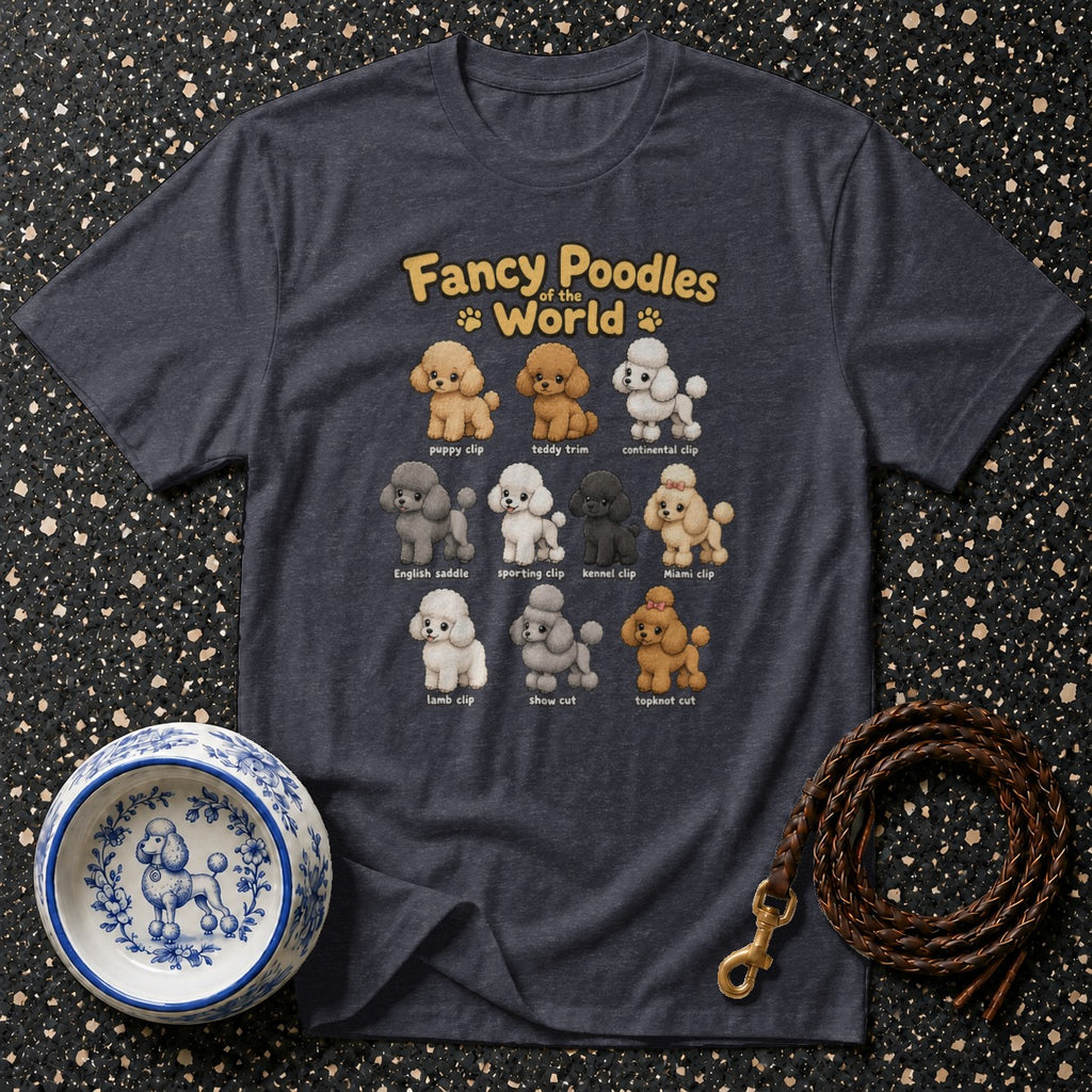 Dark t-shirt with "Fancy Poodles of the World" and illustrations of poodles in different haircuts.