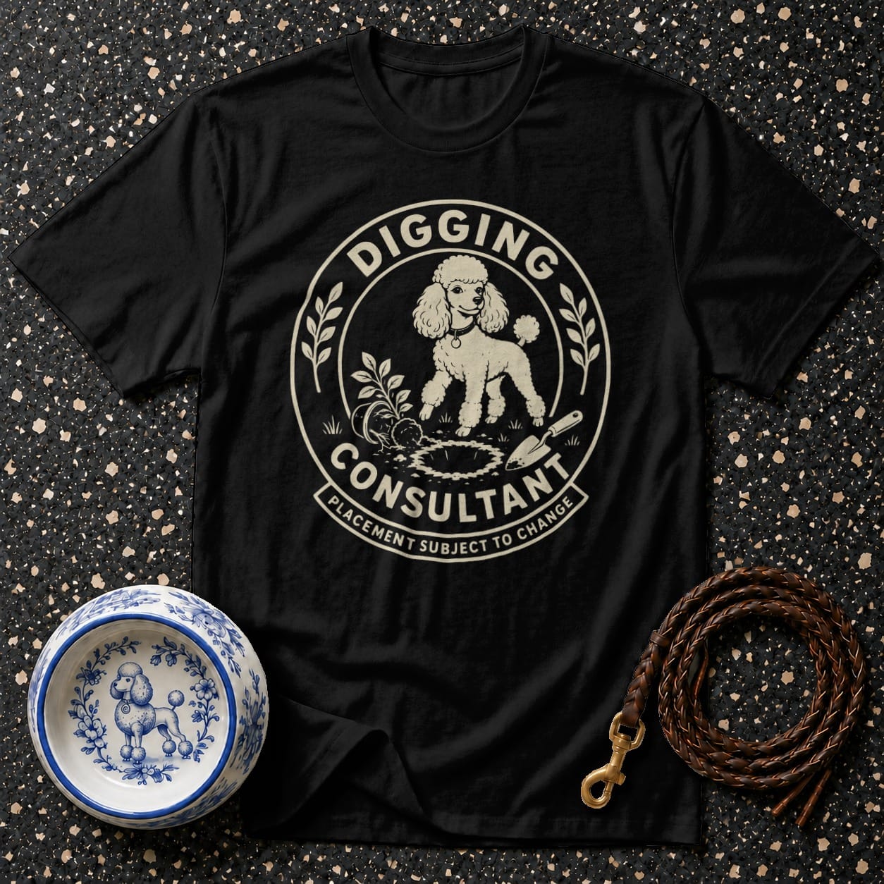 Black t-shirt with "Digging Consultant" graphic featuring a poodle digging.