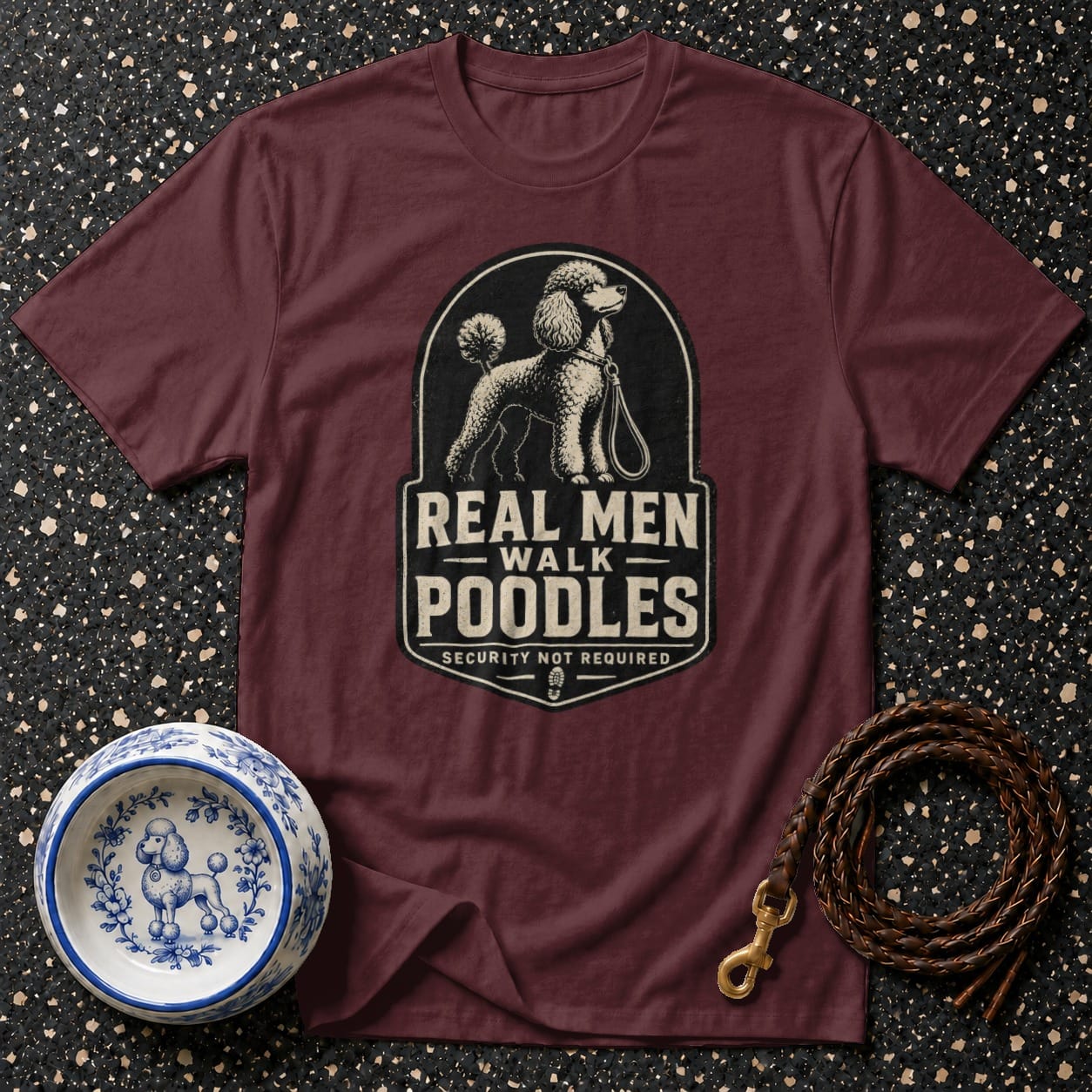 Maroon t-shirt with "Real Men Walk Poodles" graphic and poodle design.