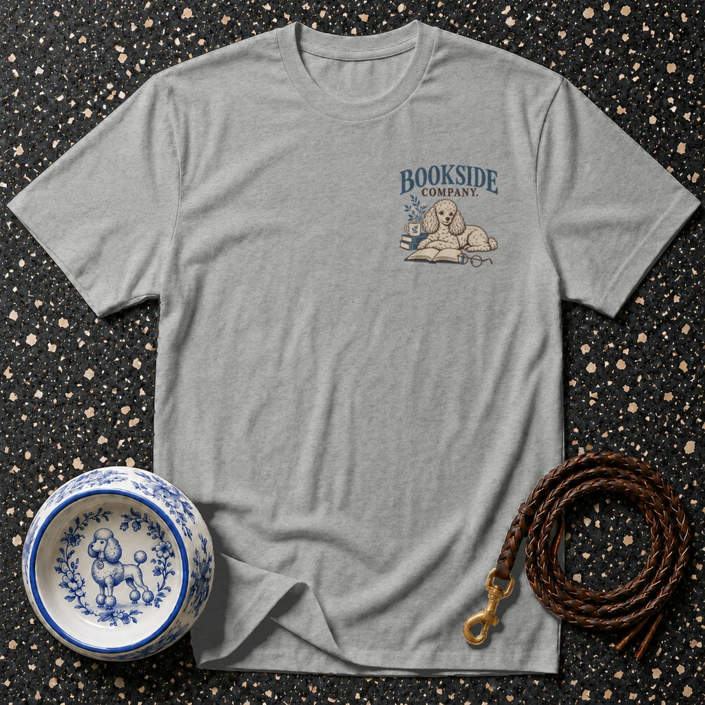 Grey t-shirt with "Bookside Company" logo featuring a poodle, book, and coffee cup.