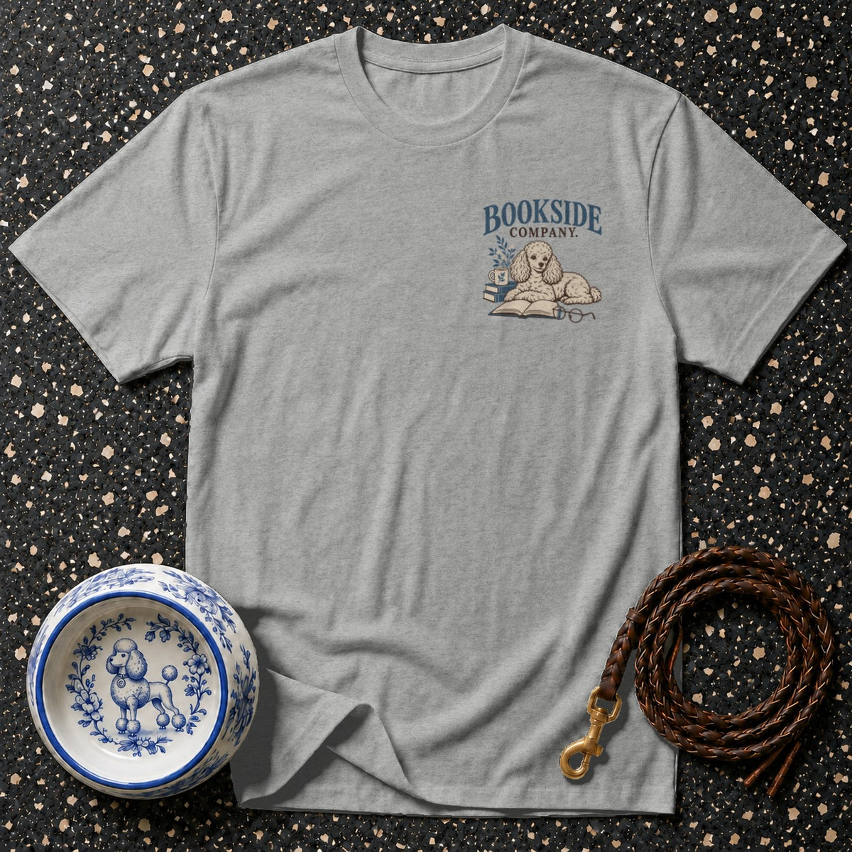 Grey t-shirt with "Bookside Company" logo featuring a poodle, book, and coffee cup.