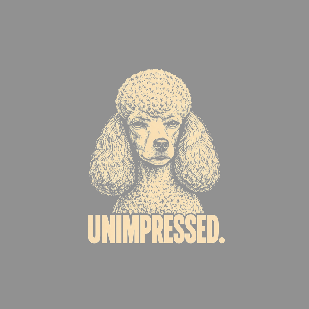 Poodle with the text UNIMPRESSED. in cream color.