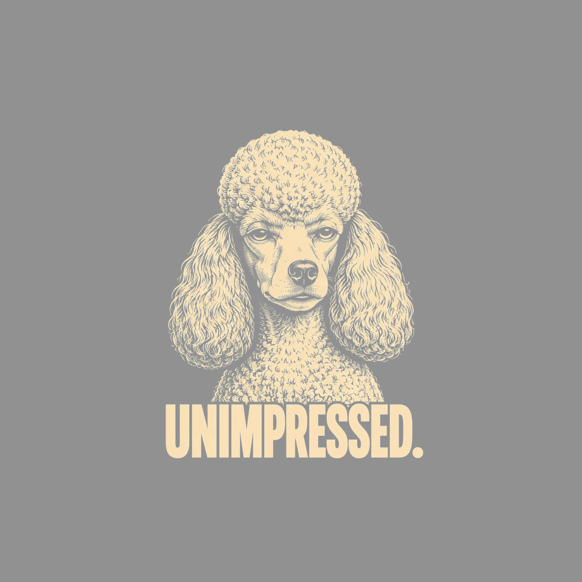 Poodle with the text UNIMPRESSED. in cream color.