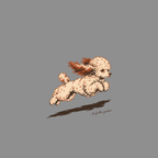 Tawny poodle mid-air jump with windblown fur and the words "No further questions."