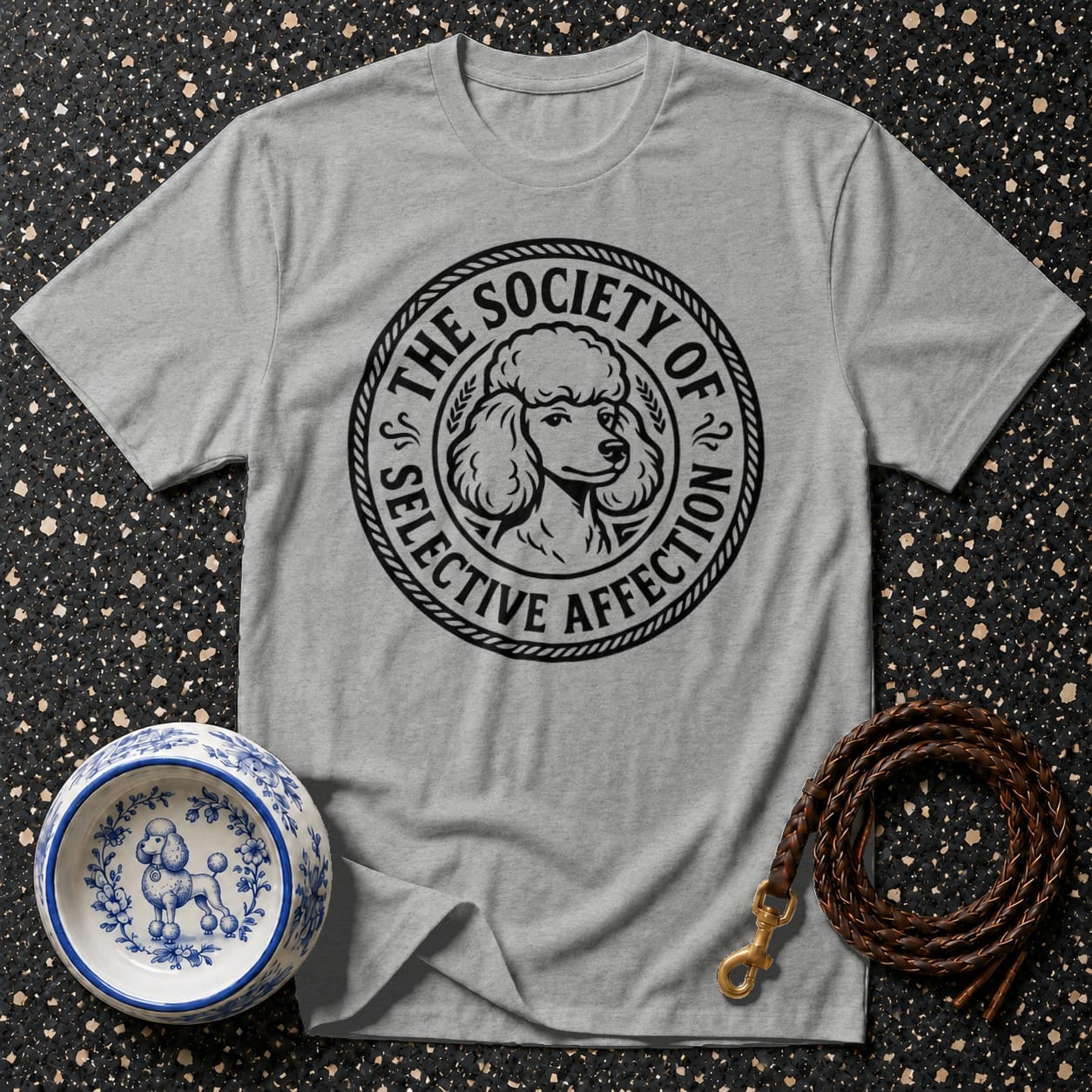 Gray t-shirt with poodle graphic and text "The Society of Selective Affection".
