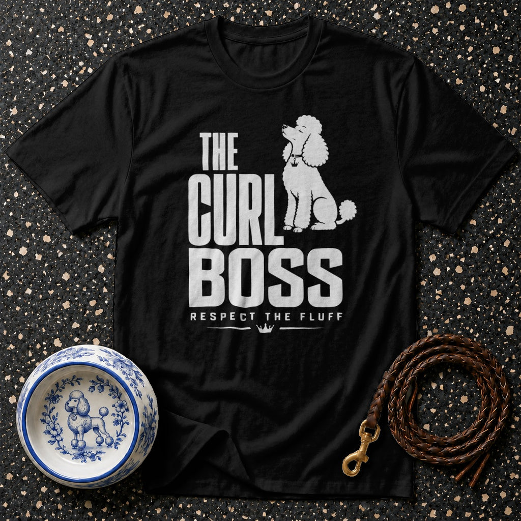 Black t-shirt with white text "The Curl Boss Respect The Fluff" and poodle graphic.
