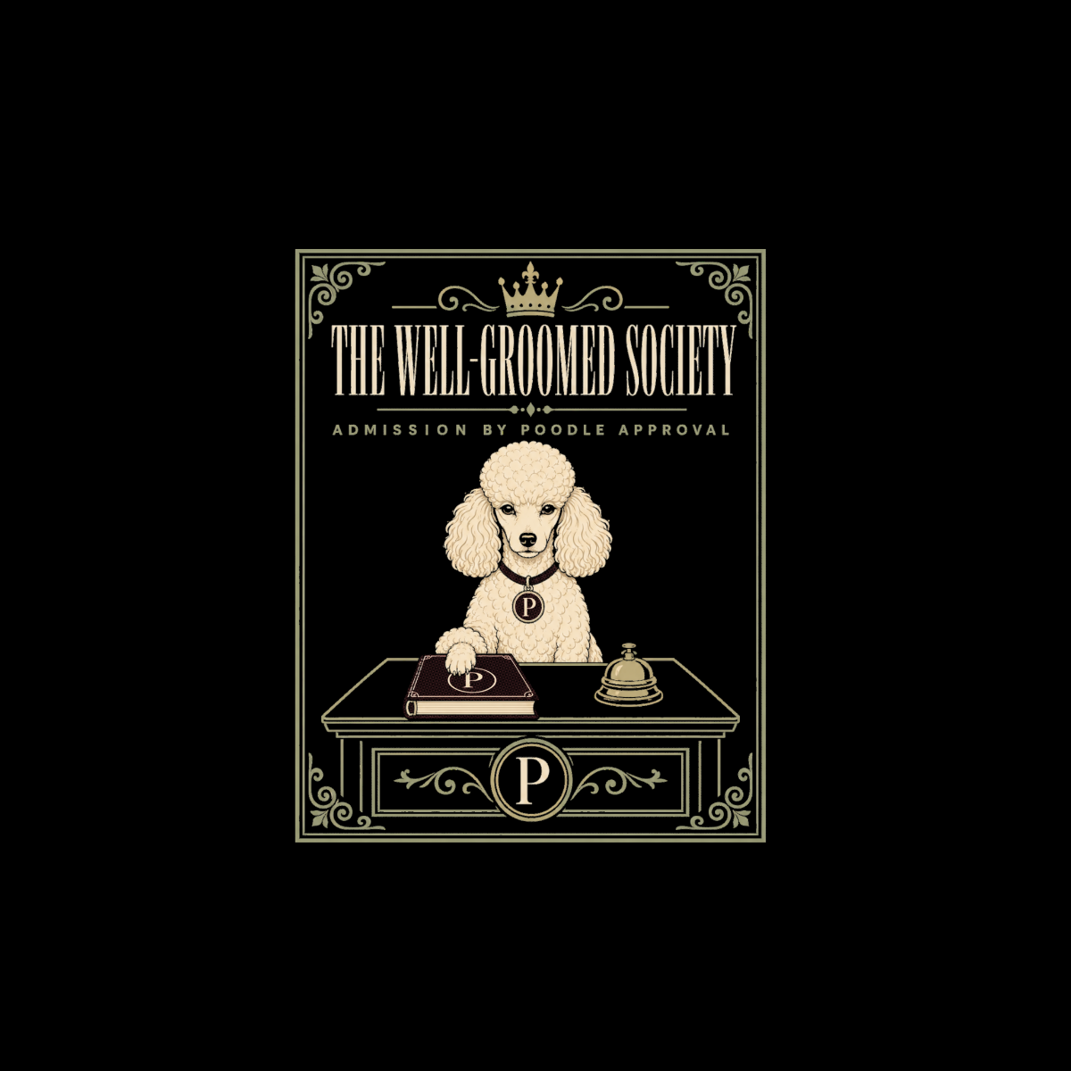 Poodle at desk with book and bell, "The Well-Groomed Society" text.