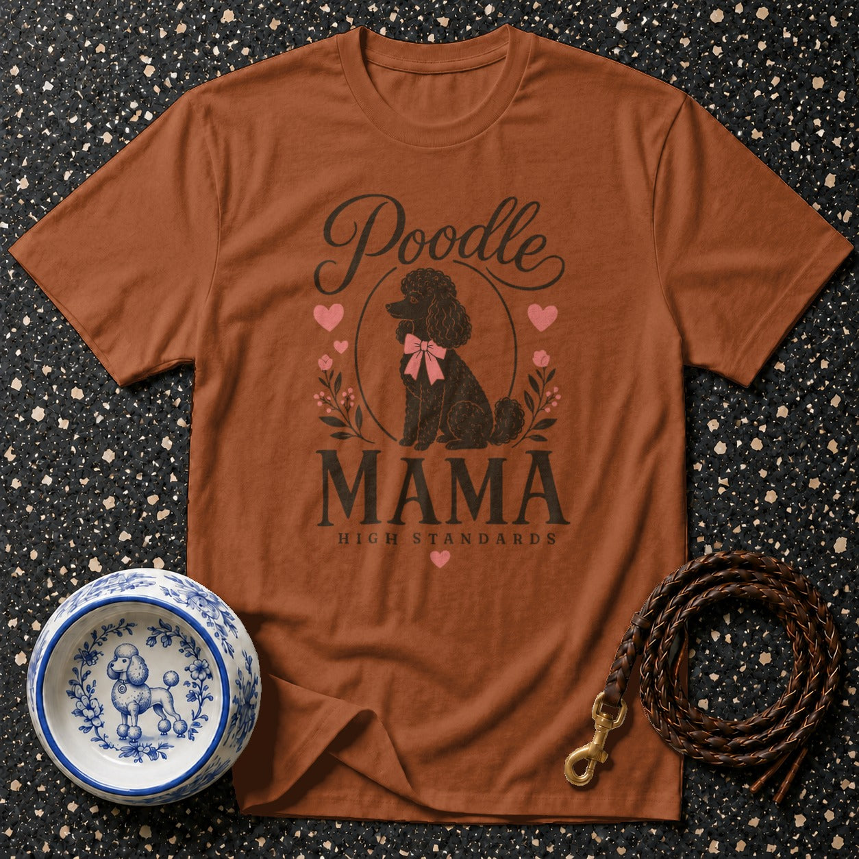 Brown t-shirt with "Poodle Mama High Standards" text and poodle graphic.
