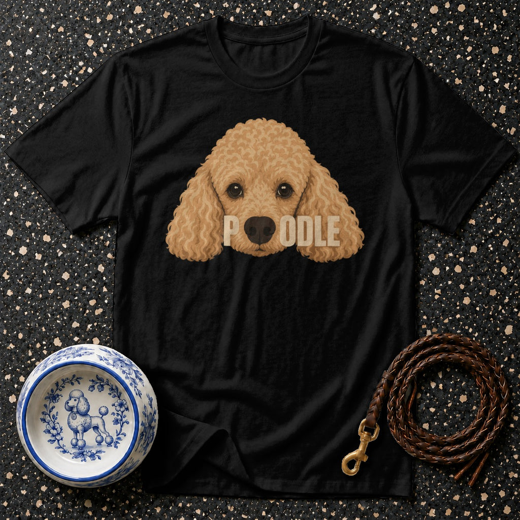 Black t-shirt with a poodle graphic and the word "POODLE".