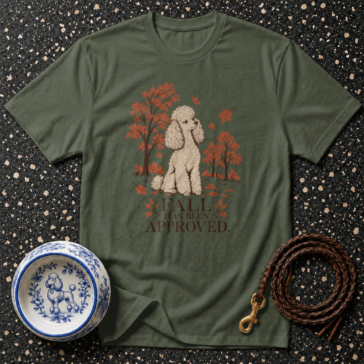 T-shirt with poodle and fall leaves graphic, text "Fall Has Been Approved."