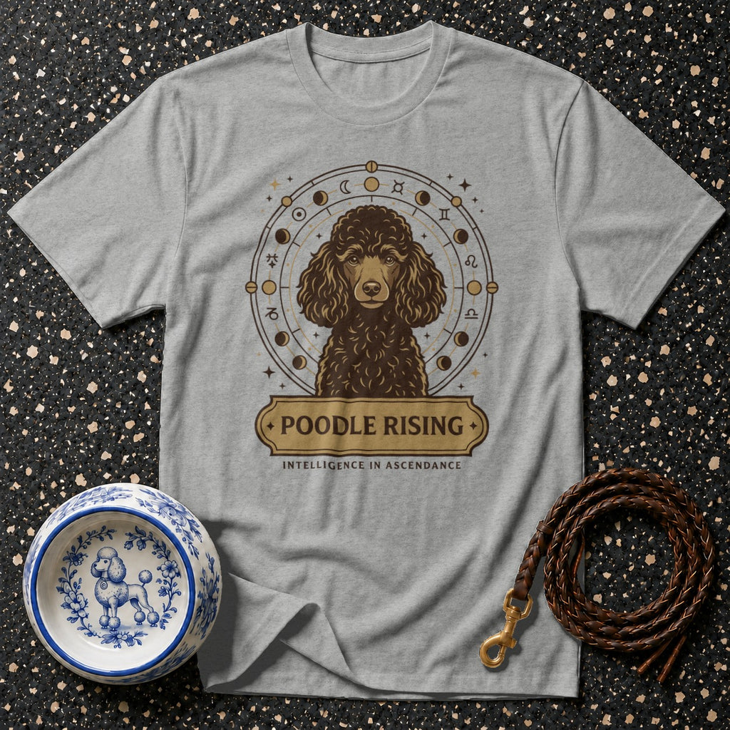 Grey t-shirt with poodle astrology graphic and text "POODLE RISING INTELLIGENCE IN ASCENDANCE."