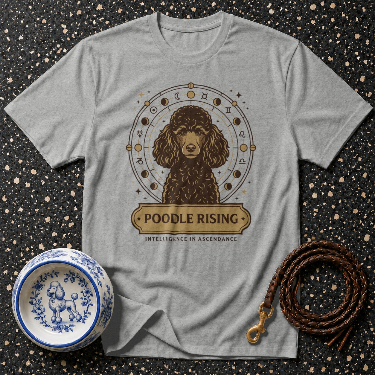 Grey t-shirt with poodle astrology graphic and text "POODLE RISING INTELLIGENCE IN ASCENDANCE."