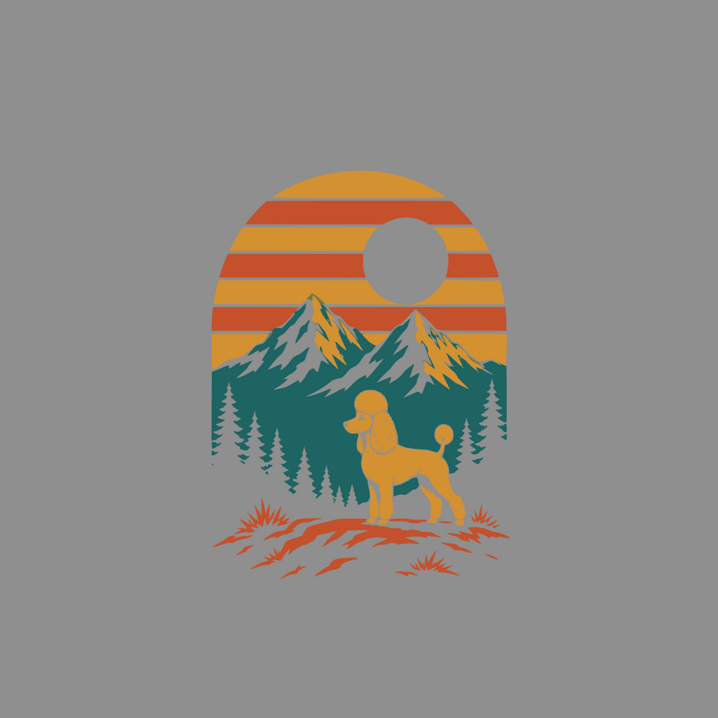 Orange poodle stands in a stylized mountain landscape with a retro sun.
