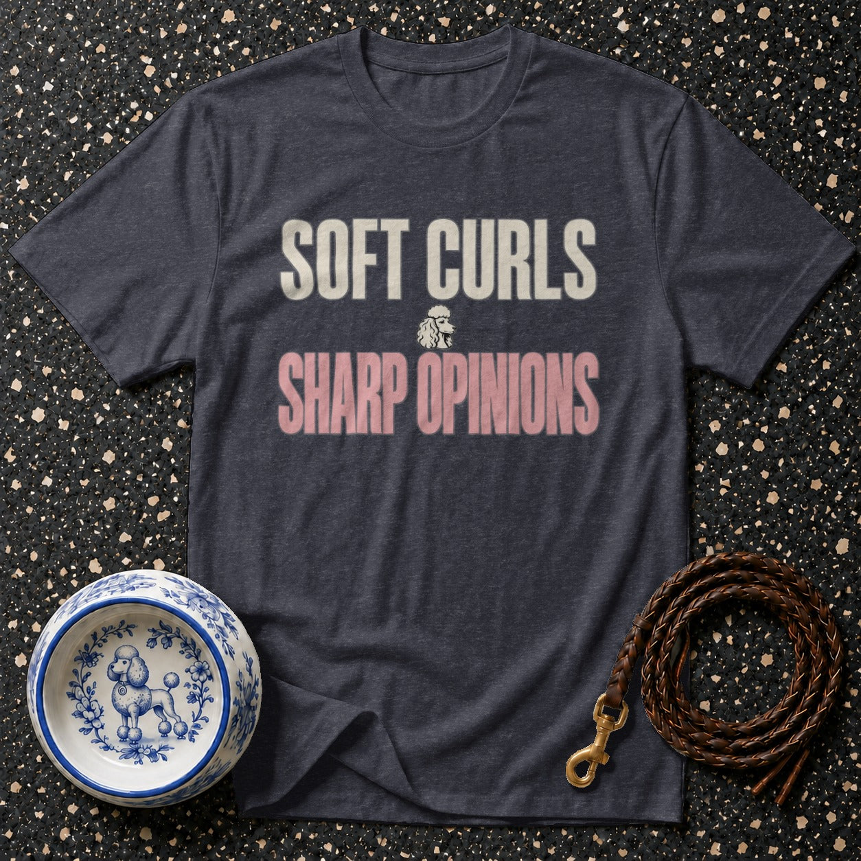 Dark grey t-shirt with "SOFT CURLS SHARP OPINIONS" text and poodle graphic.