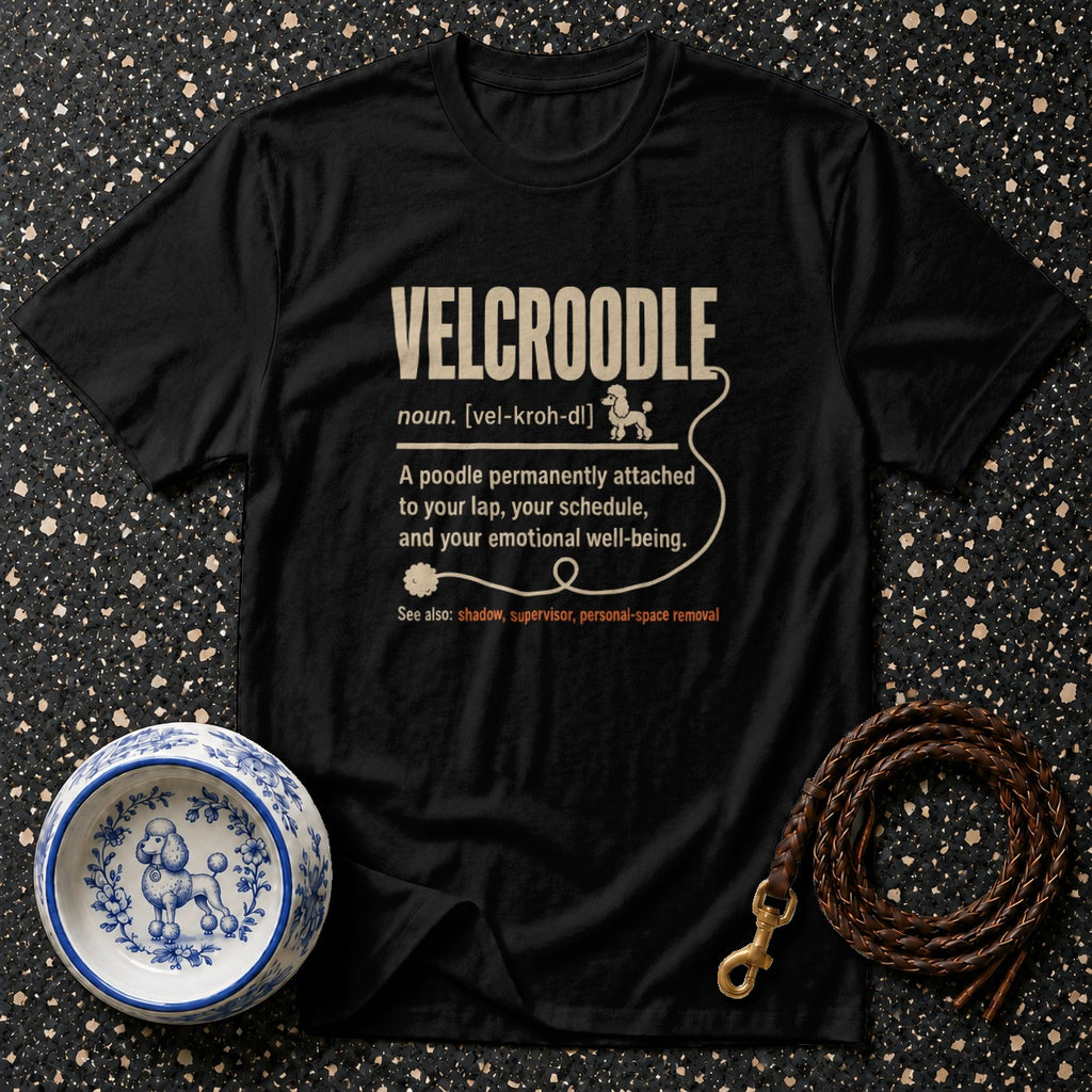 Black t-shirt with definition for "VELCROODLE" and poodle illustration.