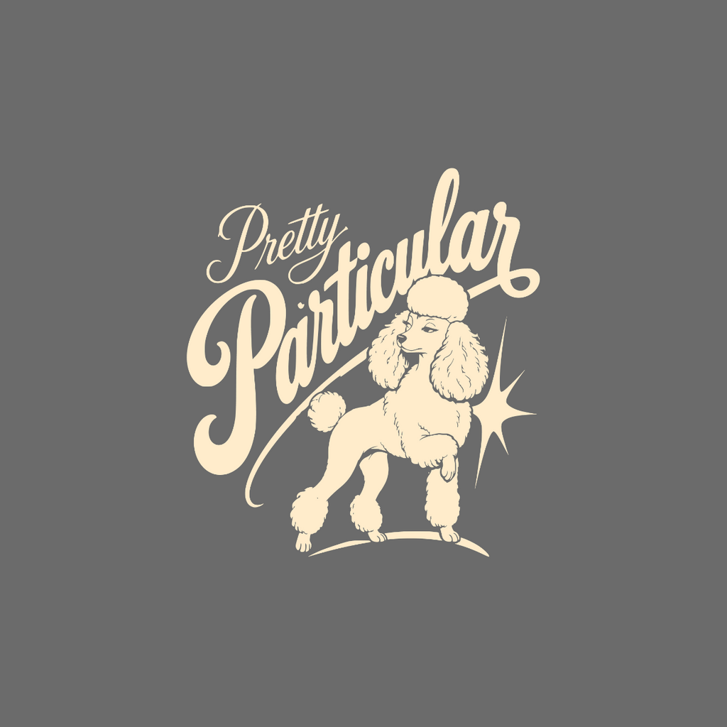 Pretty Particular text above a stylized poodle illustration.