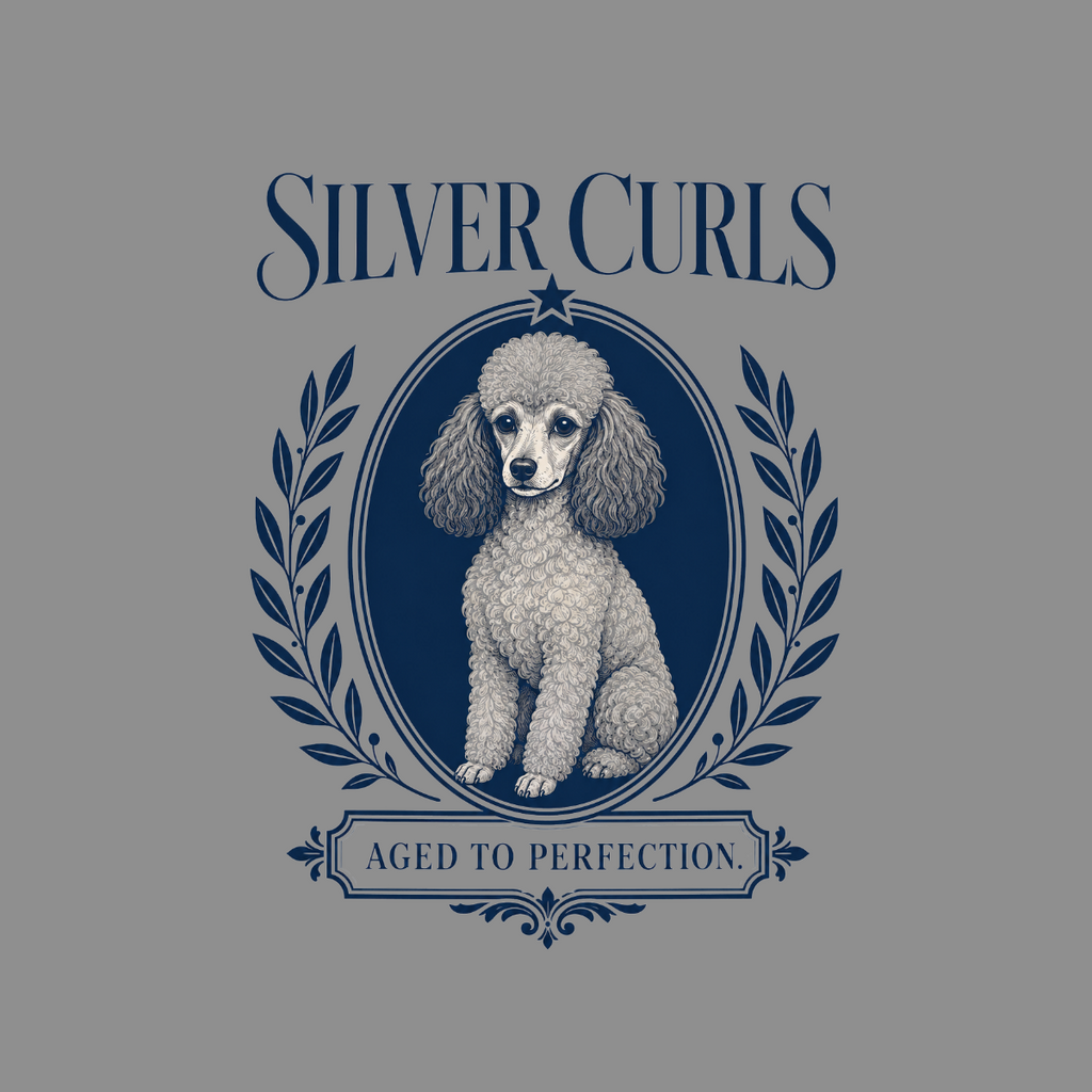 Silver Poodle within oval and laurel wreath with text "AGED TO PERFECTION."
