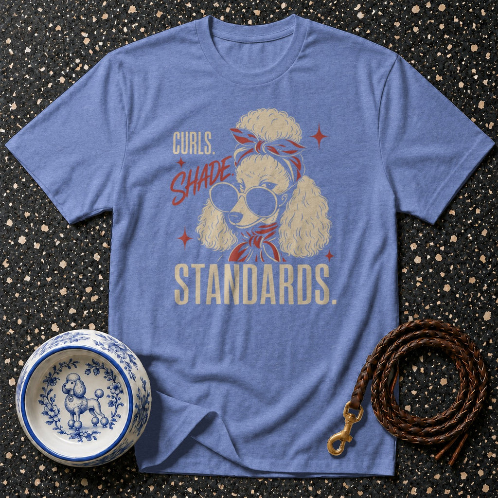 Blue t-shirt with a poodle graphic and text "Curls. Shade Standards."