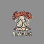 Poodle with a cup of coffee, with text "BREWED TO STANDARDS".