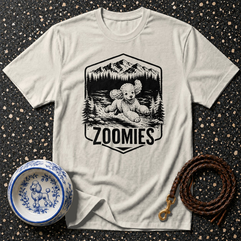 T-shirt with a poodle running through mountains graphic and the word "ZOOMIES".