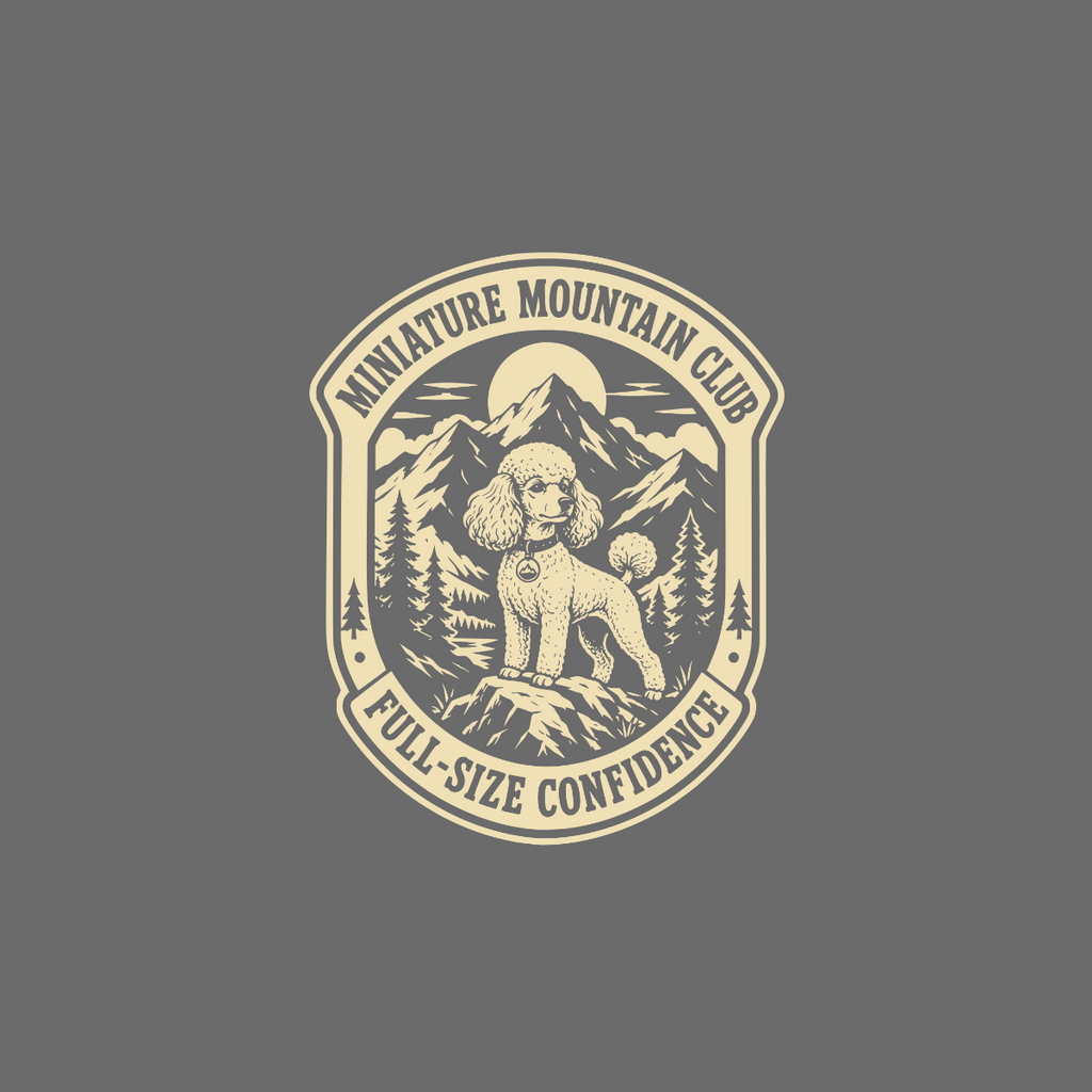 Poodle on rocky peak with mountains and trees, "Miniature Mountain Club Full-Size Confidence".