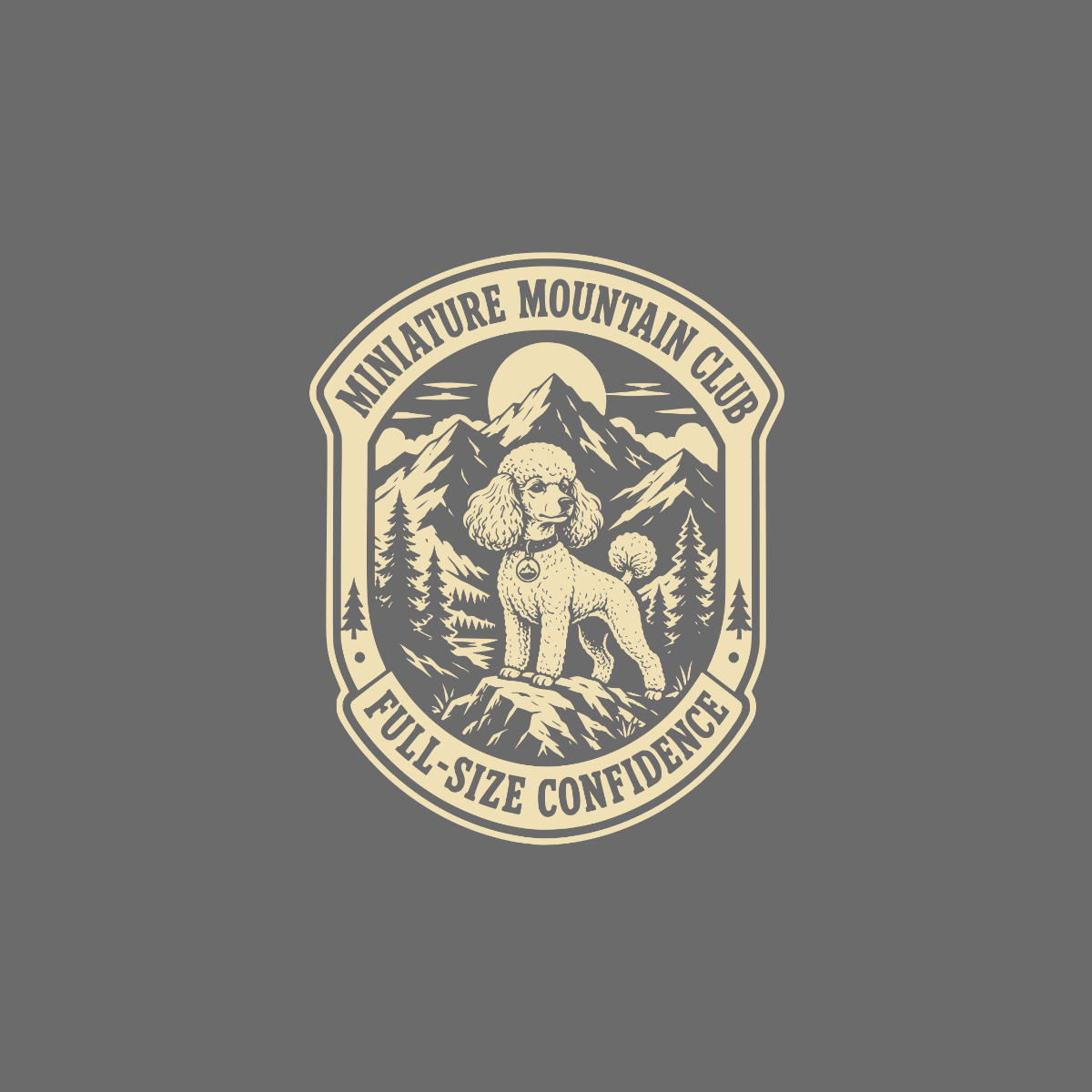 Poodle on rocky peak with mountains and trees, "Miniature Mountain Club Full-Size Confidence".