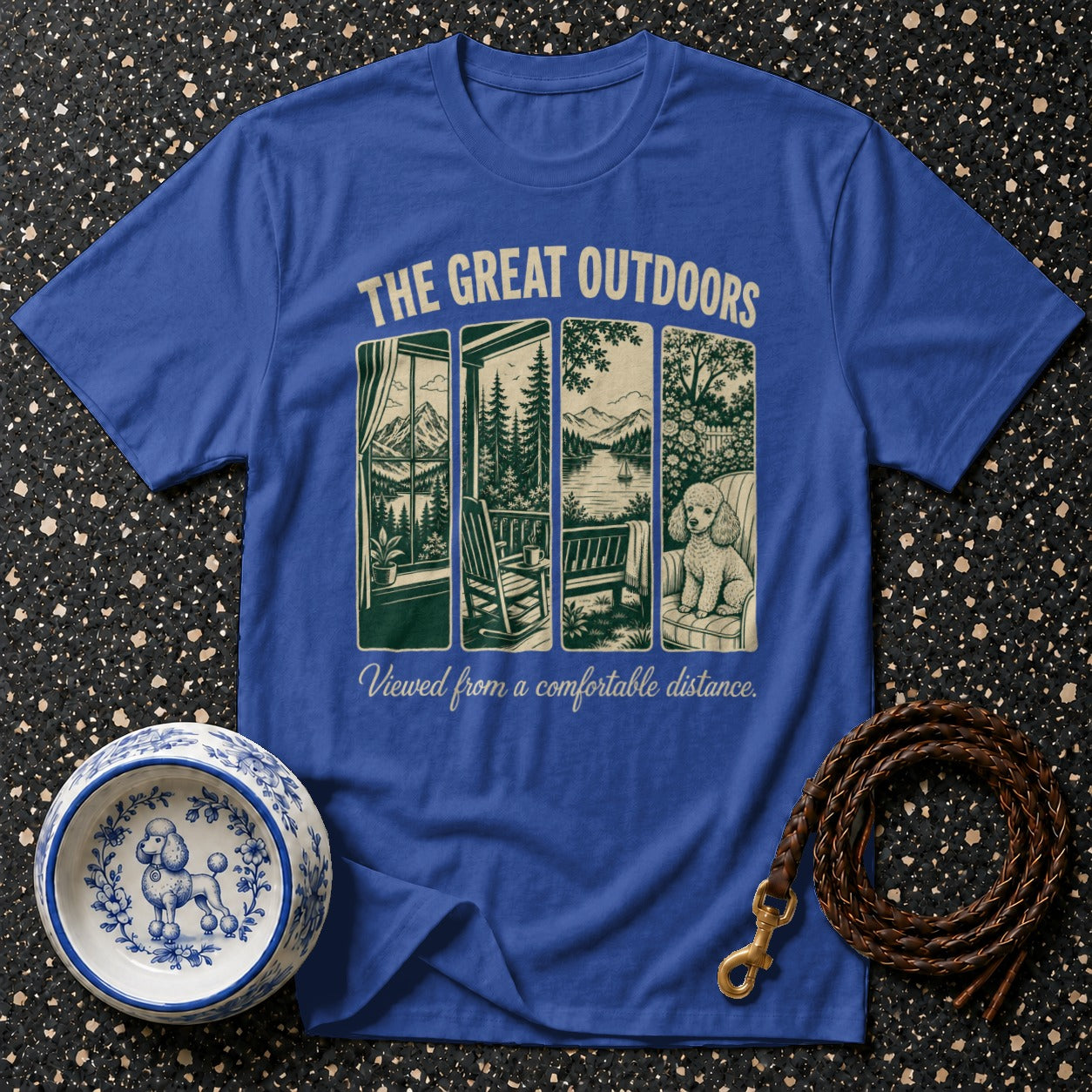 Royal blue t-shirt with "The Great Outdoors" text and a poodle on a couch.