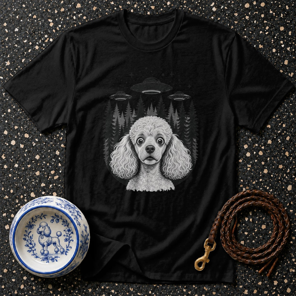 Black t-shirt with a poodle, UFOs, and forest graphic.