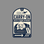 Luggage tag with poodle in carrier, saying "Carry-On With Strong Opinions".