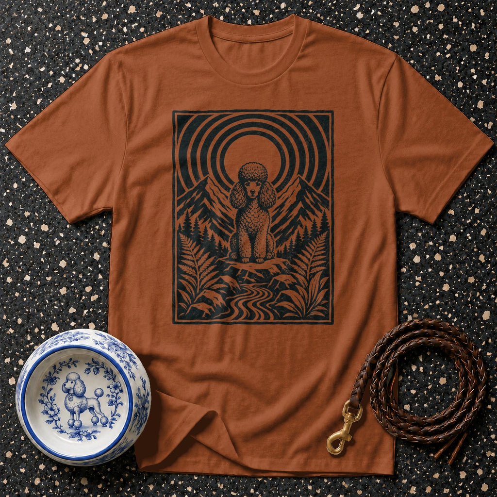 Brown t-shirt with black graphic of a poodle in mountains and a decorative dog bowl.