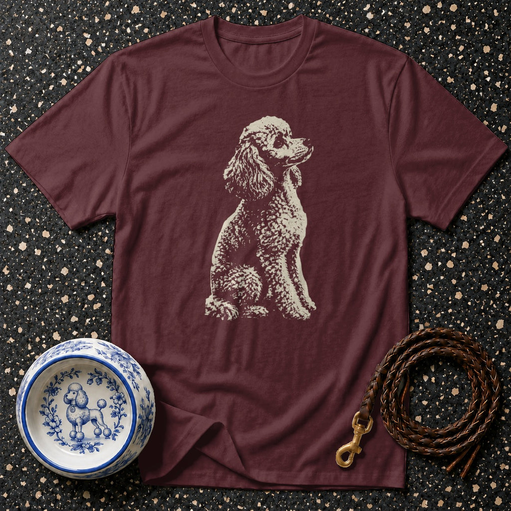 Maroon t-shirt with a cream poodle graphic, a blue and white poodle-themed bowl, and a leather leash.