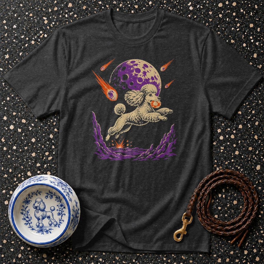 Dark t-shirt featuring a poodle jumping with a ball towards a purple moon and meteors.