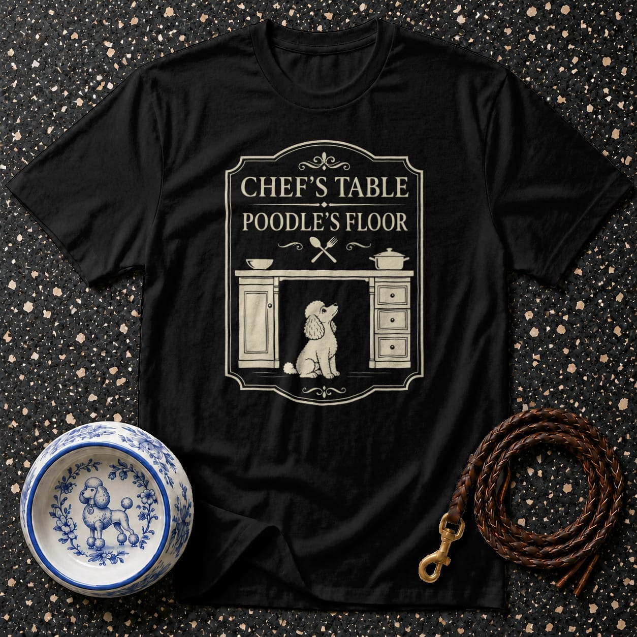 Black t-shirt with "Chef's Table Poodle's Floor" and poodle graphic.