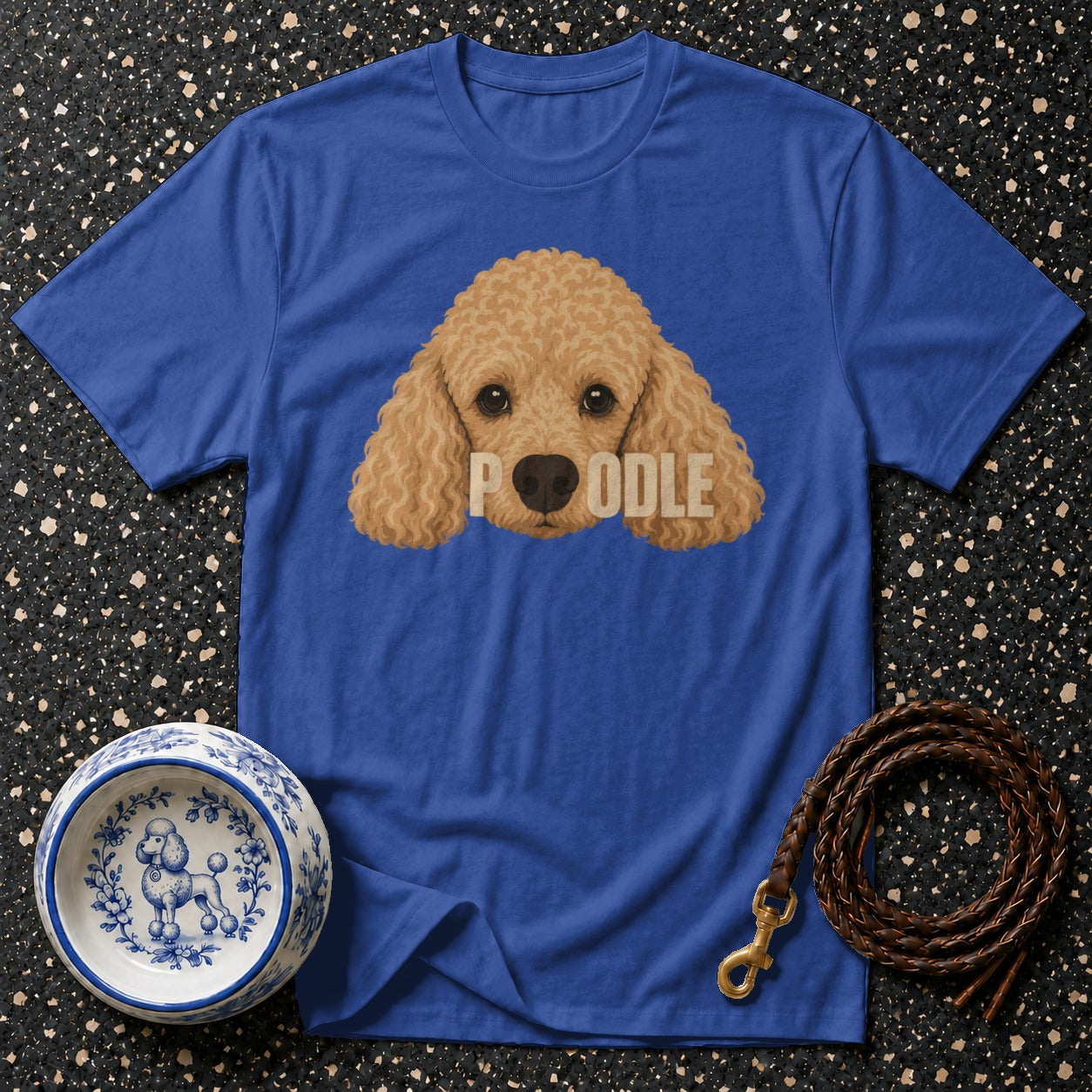 Blue t-shirt with a poodle graphic and the word "Poodle."
