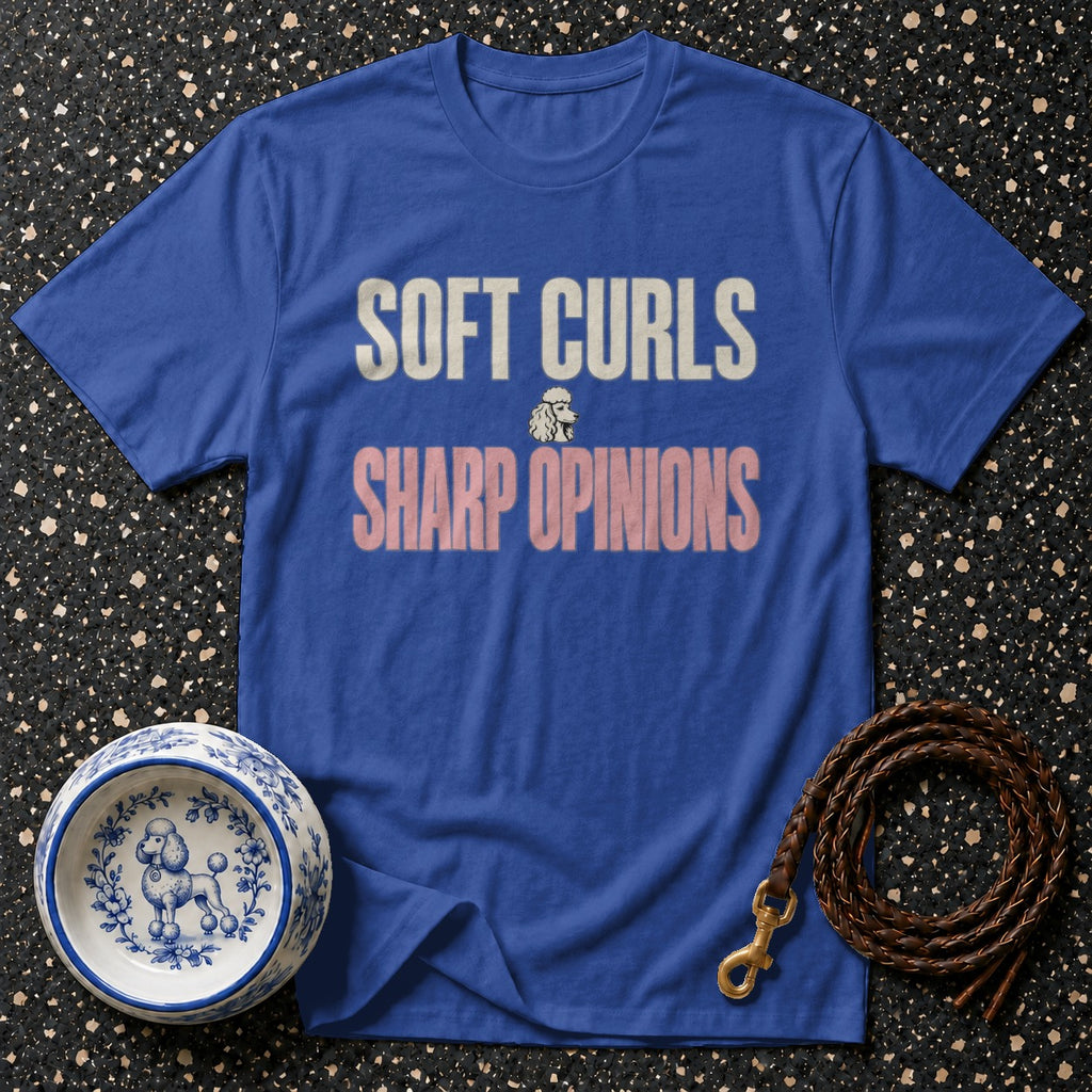 Blue t-shirt with "SOFT CURLS SHARP OPINIONS" text and poodle graphics.
