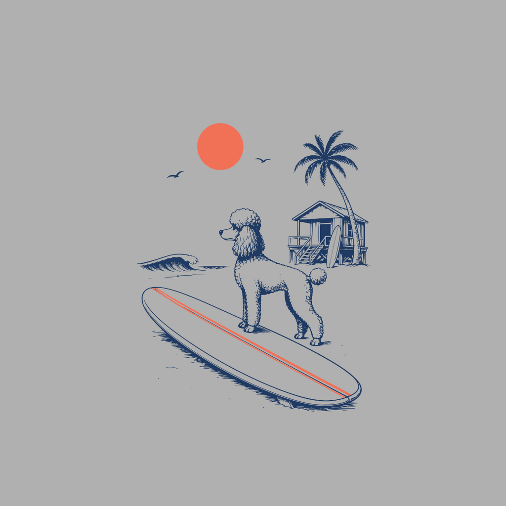 Poodle on a surfboard at the beach with a surf shack and palm tree.