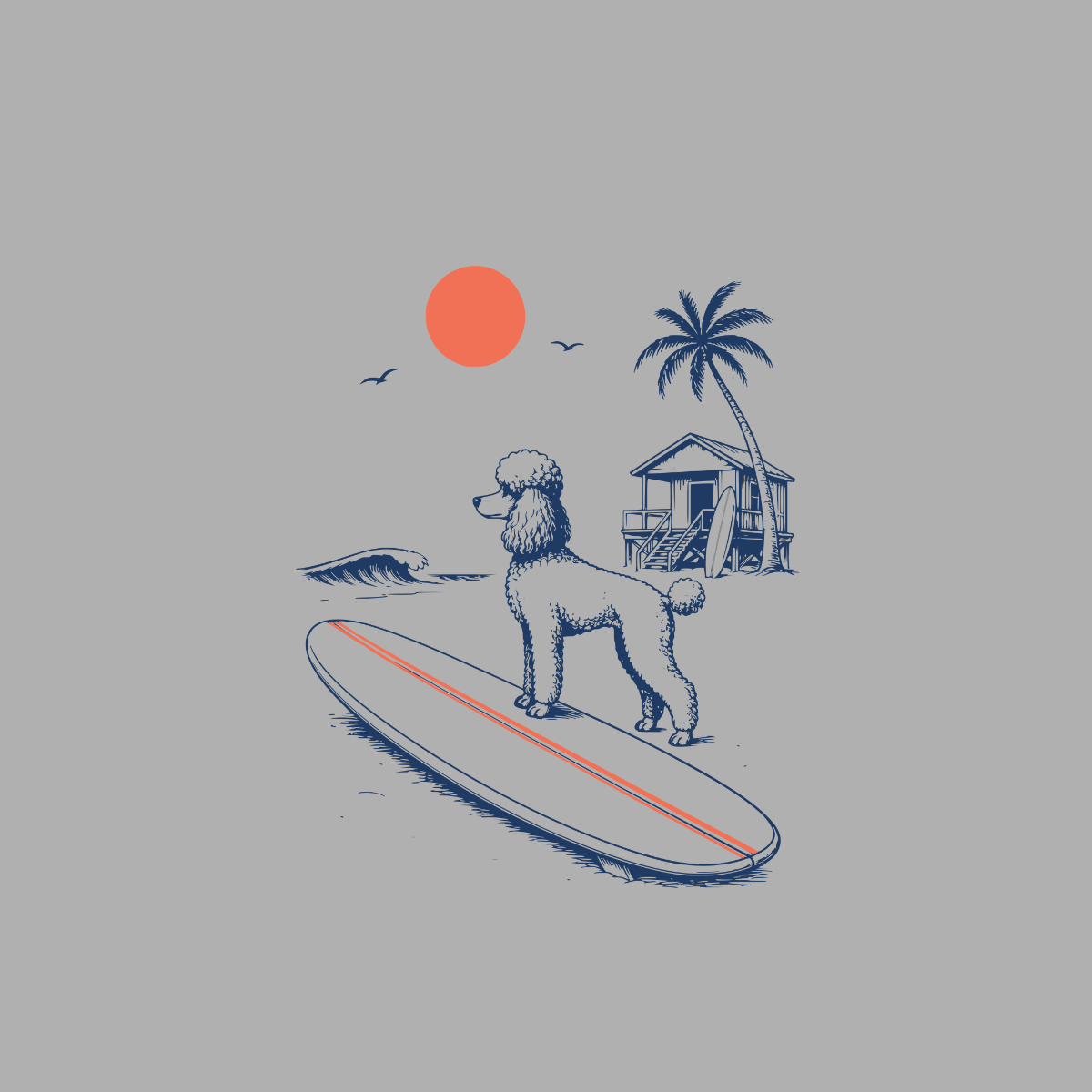 Poodle on a surfboard at the beach with a surf shack and palm tree.