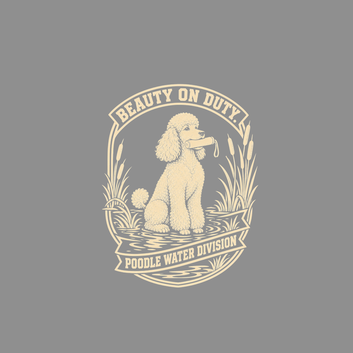 Poodle holding a retrieve in water with reeds. "Beauty on Duty. Poodle Water Division."
