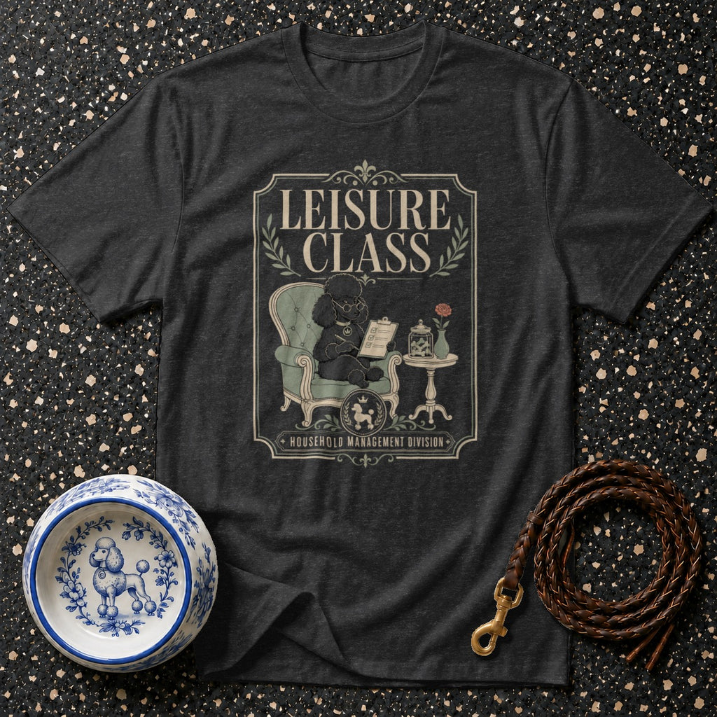 Dark grey t-shirt with Leisure Class print featuring a poodle reading.
