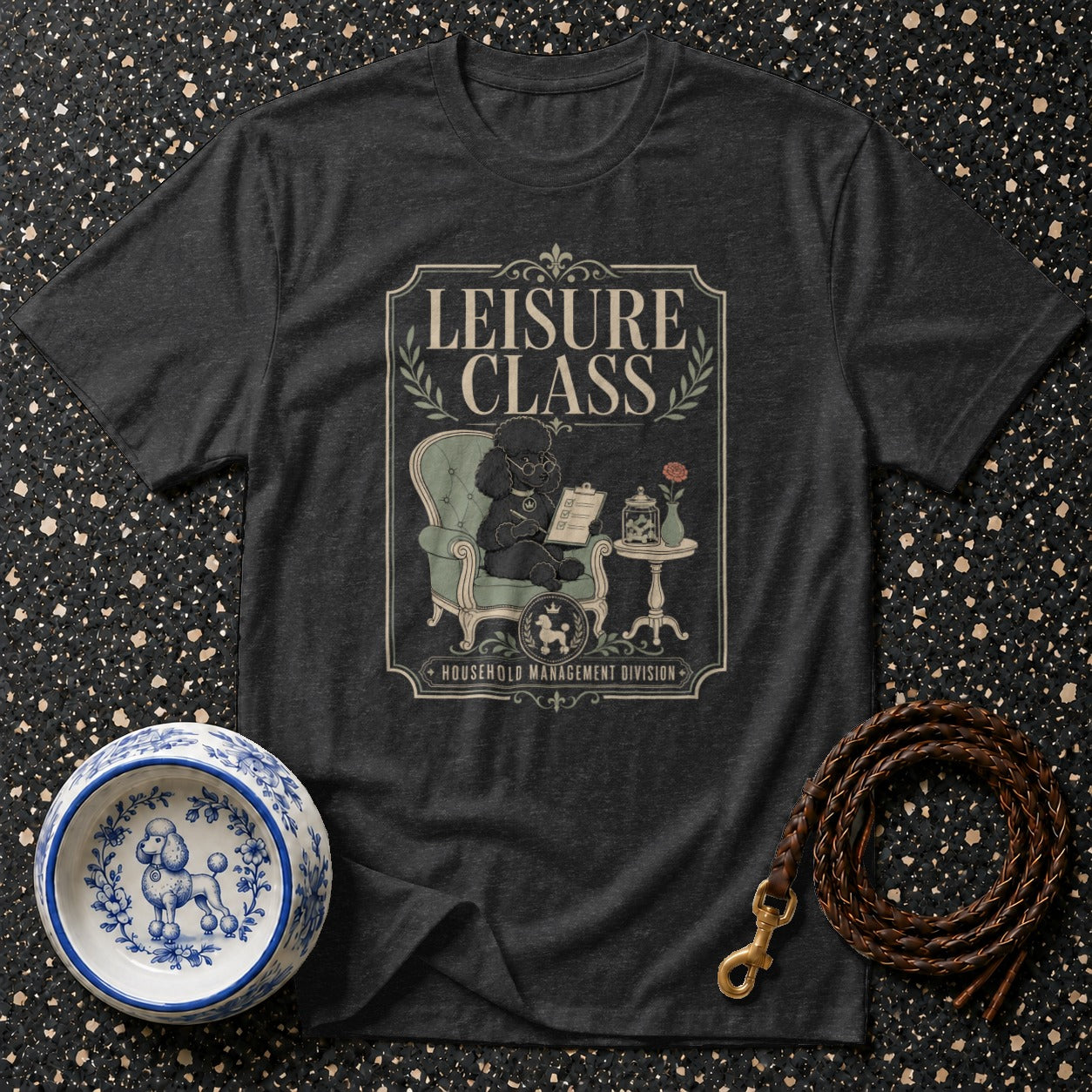 Dark grey t-shirt with Leisure Class print featuring a poodle reading.