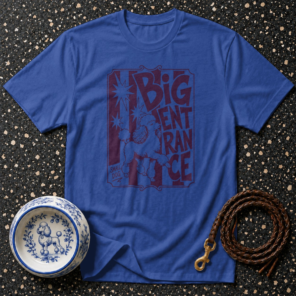 Blue t-shirt with "BIG ENTRANCE" and poodle graphic, dog bowl, and leash.
