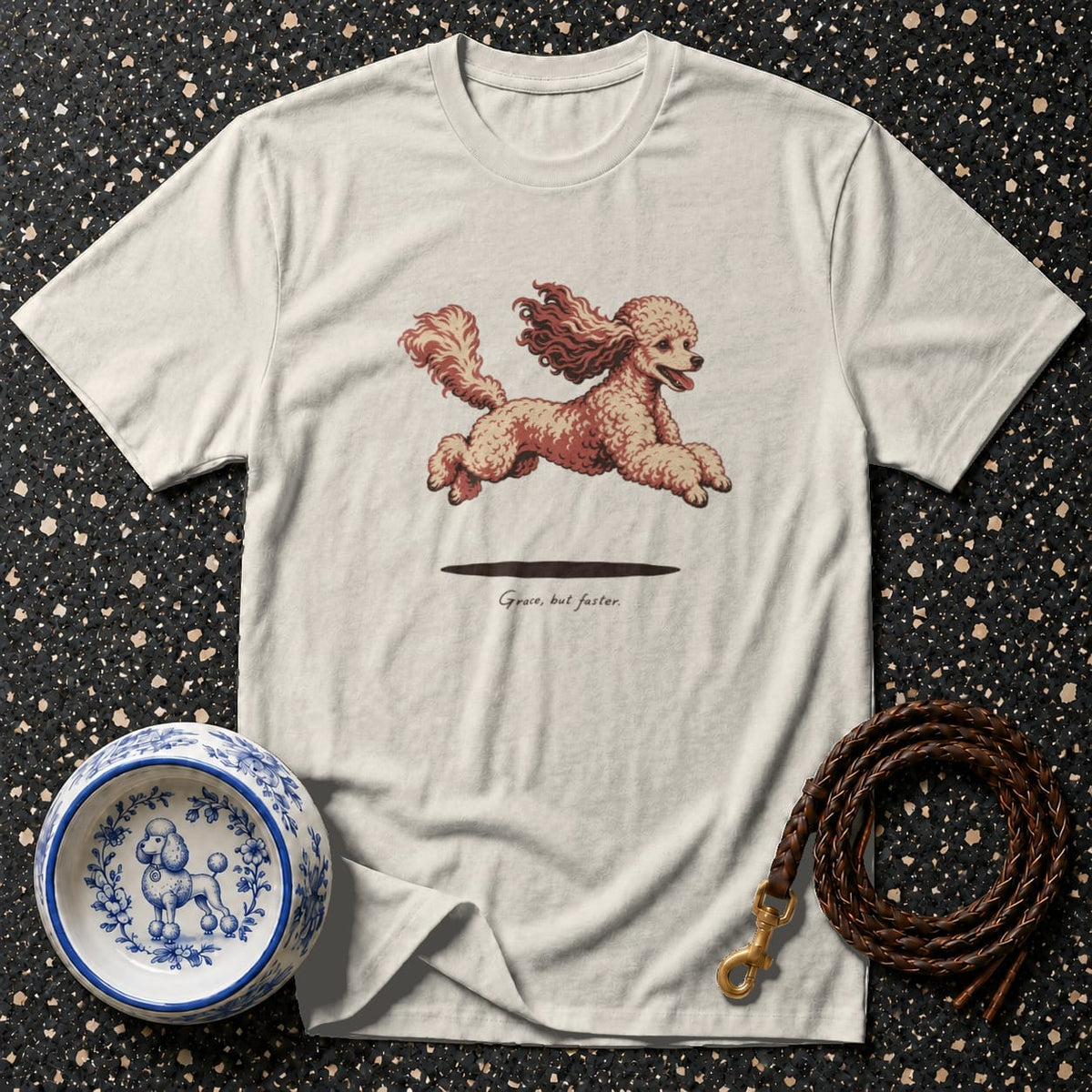 T-shirt with a running poodle graphic and text "Grace, but faster."