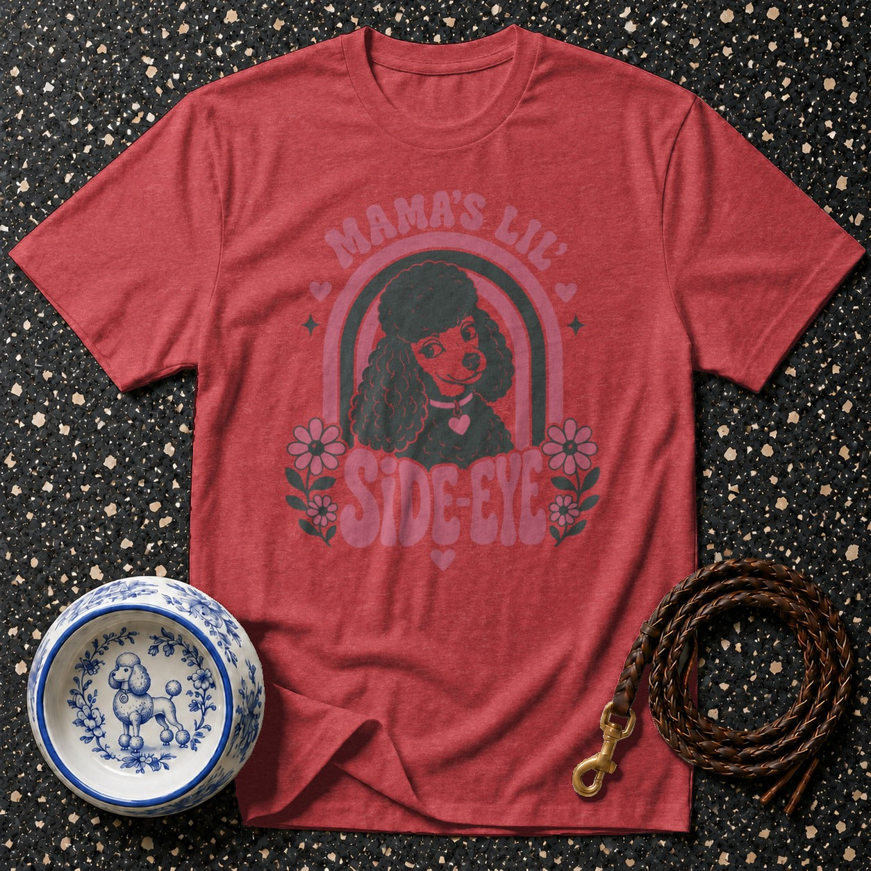 Red t-shirt with poodle graphic and text "Mama's Lil Side-Eye."