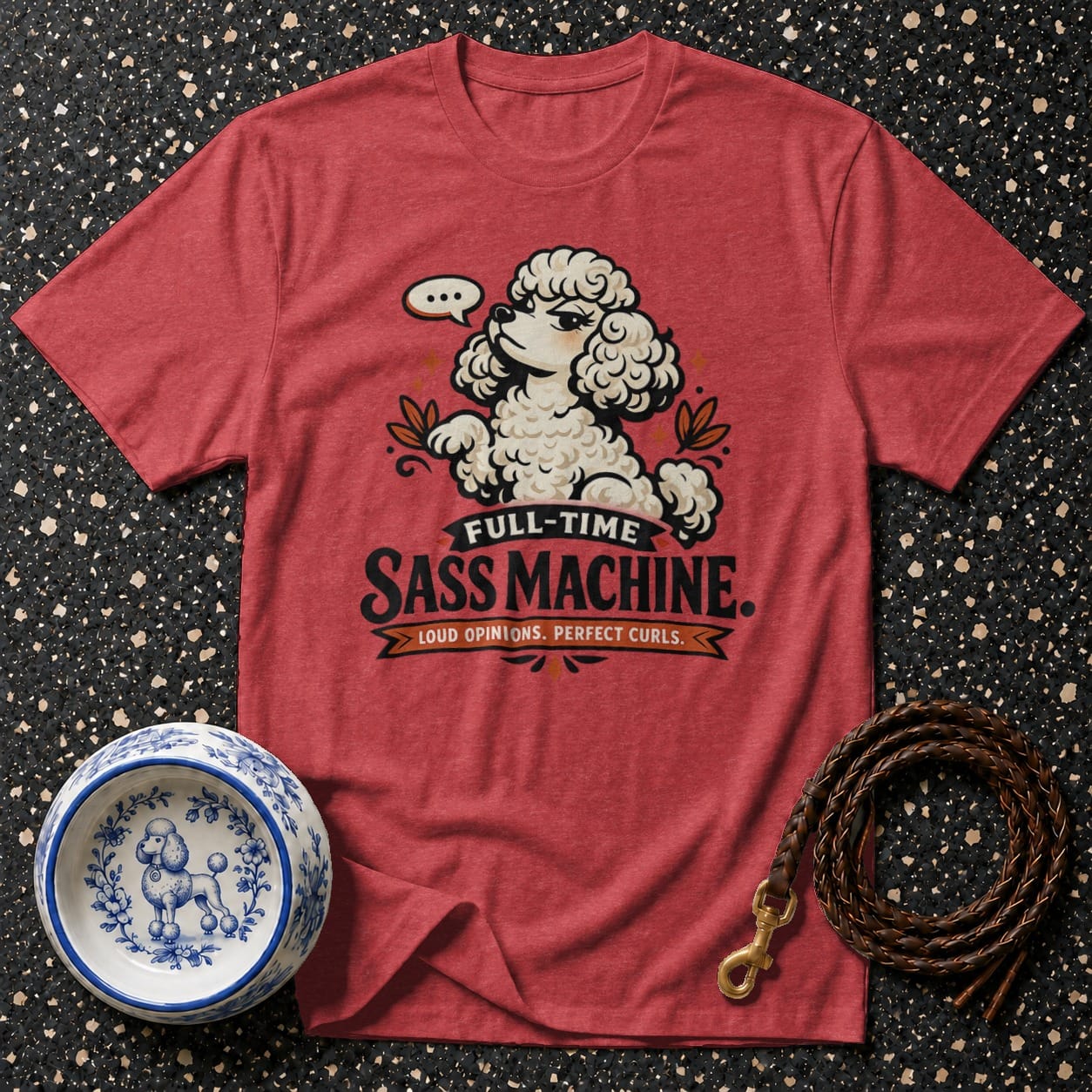 Red t-shirt with illustrated poodle saying "Loud Opinions. Perfect Curls."