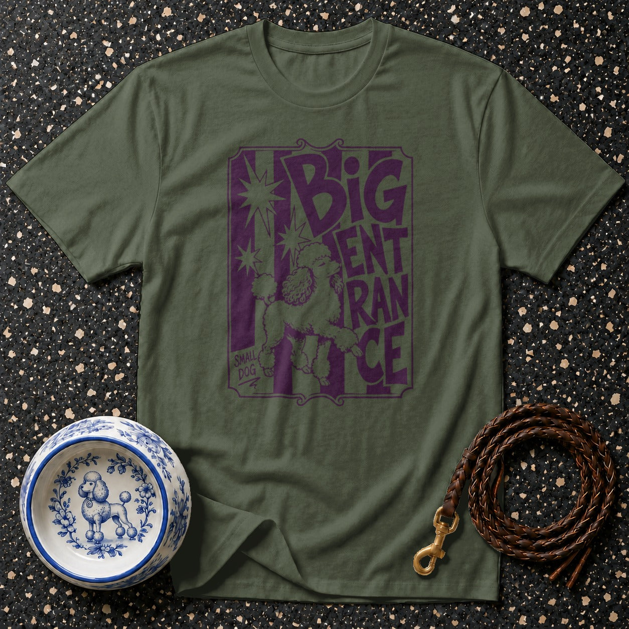 Olive green t-shirt with purple "Big Entrance" text and poodle graphic.
