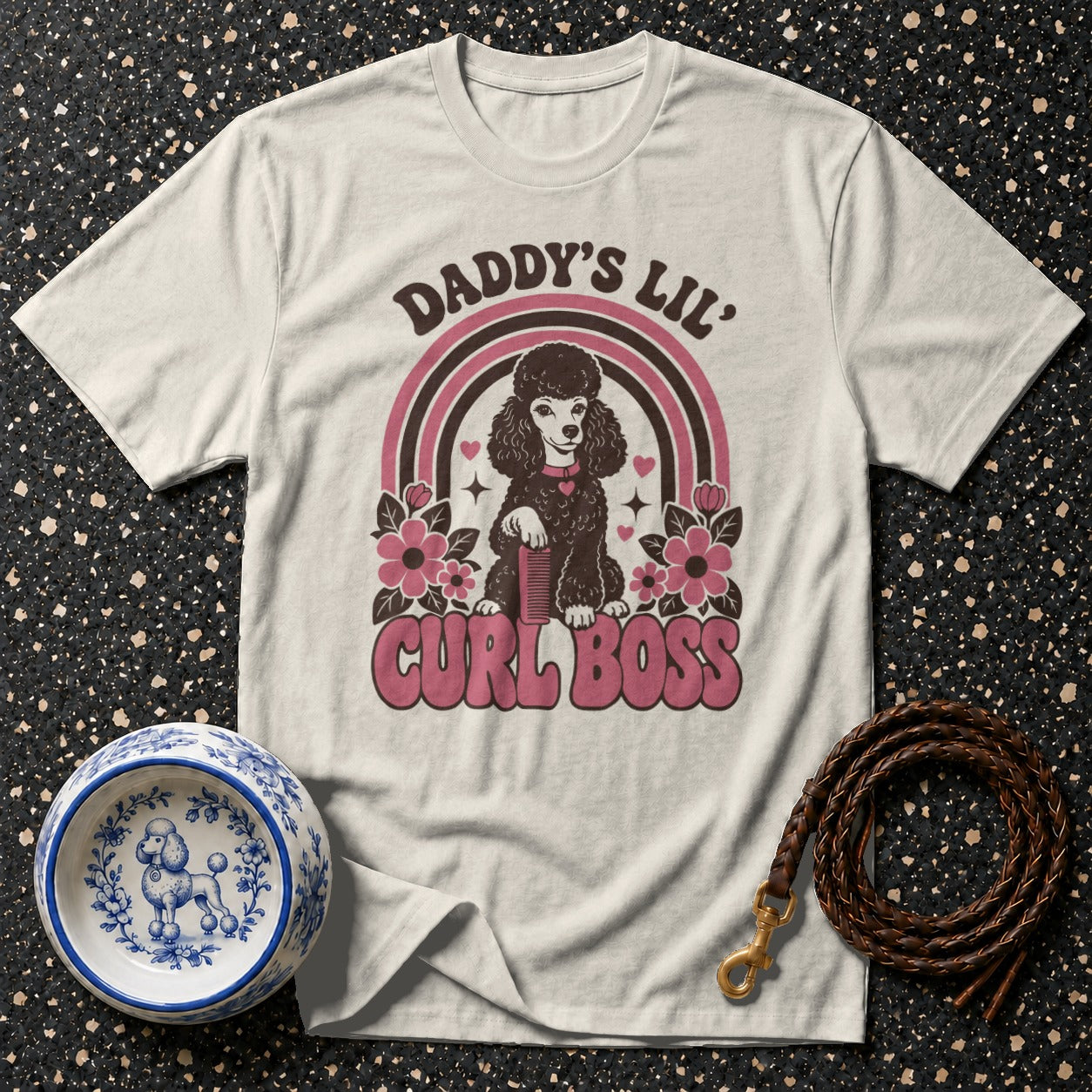 White t-shirt with "Daddy's Lil Curl Boss" text and poodle graphic.